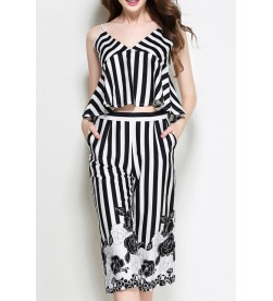 Black and White Straps Striped Two-Piece Suit
