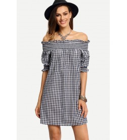 Black and White Plaid Off the shoulder Tunic