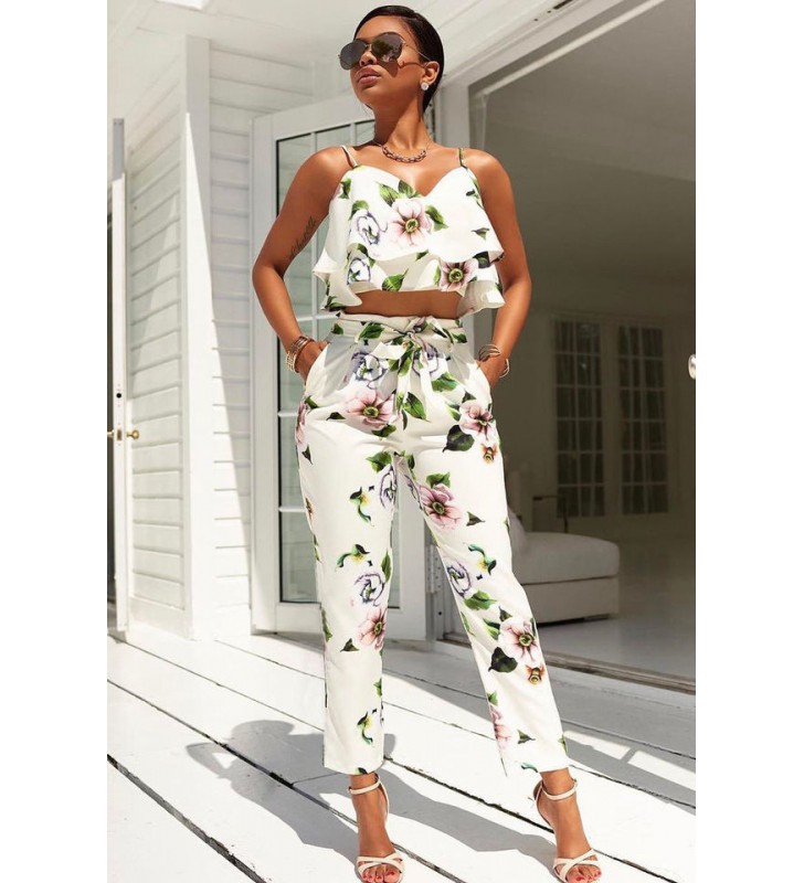 White Floral Print Spaghetti Top And Pants