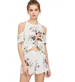 White Floral Print Cold Shoulder Cropped Top With Shorts