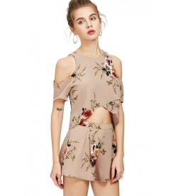 Beige Floral Print Cold Shoulder Cropped Top With Shorts