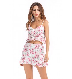 White Floral Print Cropped Camis With Shorts