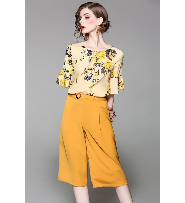 Yellow Ruffle Sleeves Floral Print Blouse and Cropped Pants