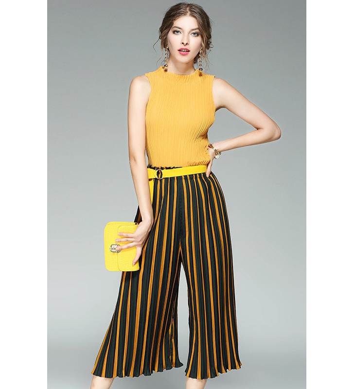 Yellow Pleated Sleeveless Top With Striped Pants